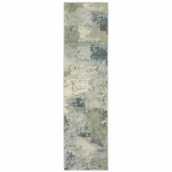 Blue Green Grey And Ivory Abstract Power Loom Stain Resistant Runner Rug Photo 1