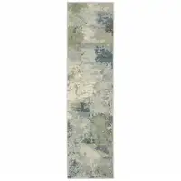 Photo of Blue Green Grey And Ivory Abstract Power Loom Stain Resistant Runner Rug