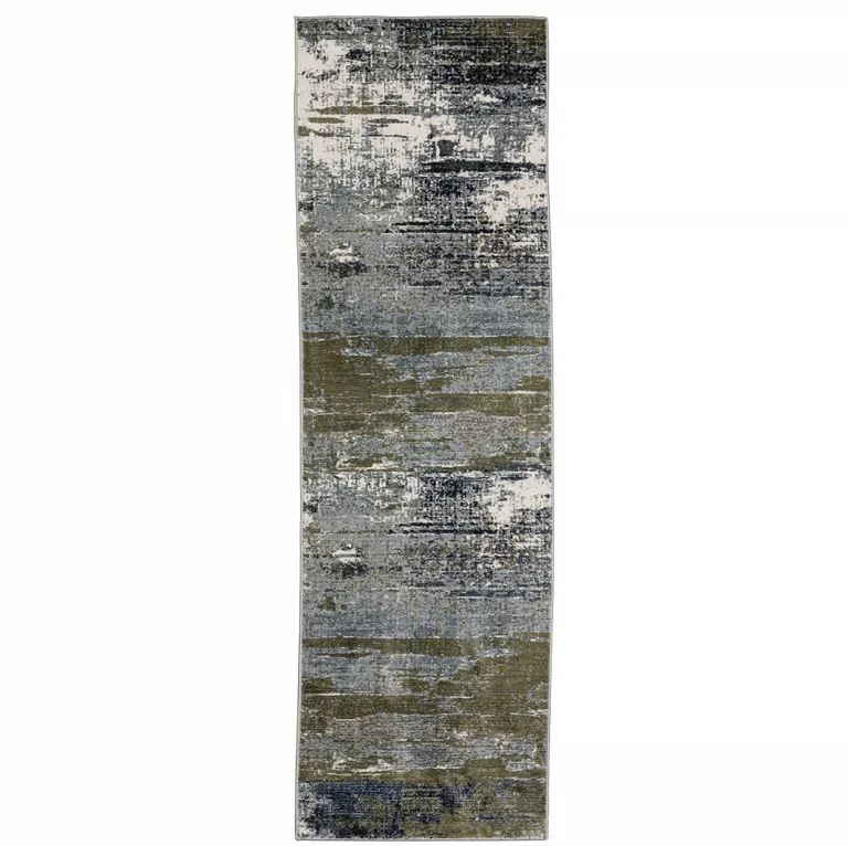 Blue Green Grey Brown And Beige Abstract Power Loom Stain Resistant Runner Rug Photo 1