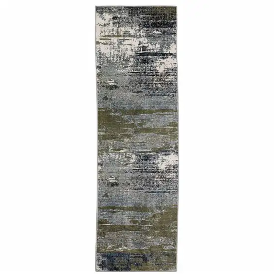 Blue Green Grey Brown And Beige Abstract Power Loom Stain Resistant Runner Rug Photo 1