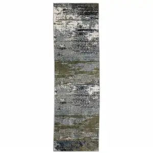 Photo of Blue Green Grey Brown And Beige Abstract Power Loom Stain Resistant Runner Rug