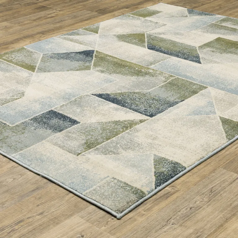 Blue Green Grey Gold And Ivory Geometric Power Loom Stain Resistant Area Rug Photo 5