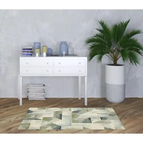 Blue Green Grey Gold And Ivory Geometric Power Loom Stain Resistant Area Rug Photo 2