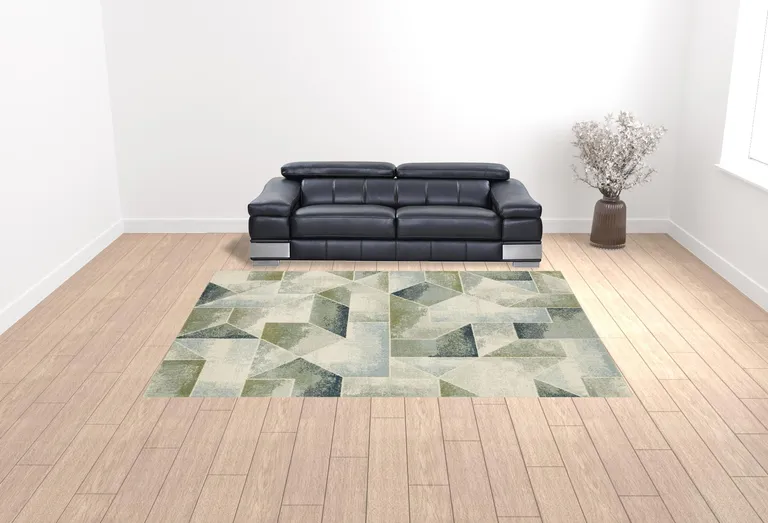 Blue Green Grey Gold And Ivory Geometric Power Loom Stain Resistant Area Rug Photo 2