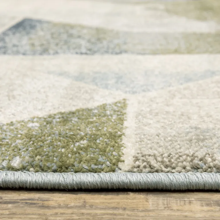 Blue Green Grey Gold And Ivory Geometric Power Loom Stain Resistant Runner Rug Photo 3