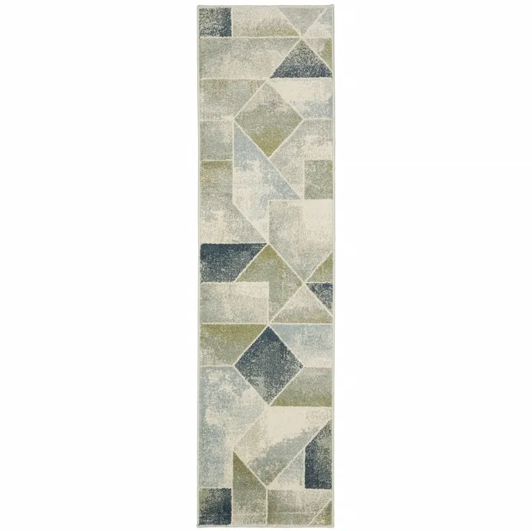 Blue Green Grey Gold And Ivory Geometric Power Loom Stain Resistant Runner Rug Photo 1