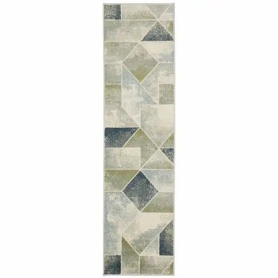 Blue Green Grey Gold And Ivory Geometric Power Loom Stain Resistant Runner Rug Photo 1