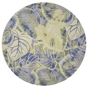 Photo of Blue Green Hand Tufted Tropical Leaves Round Indoor Area Rug