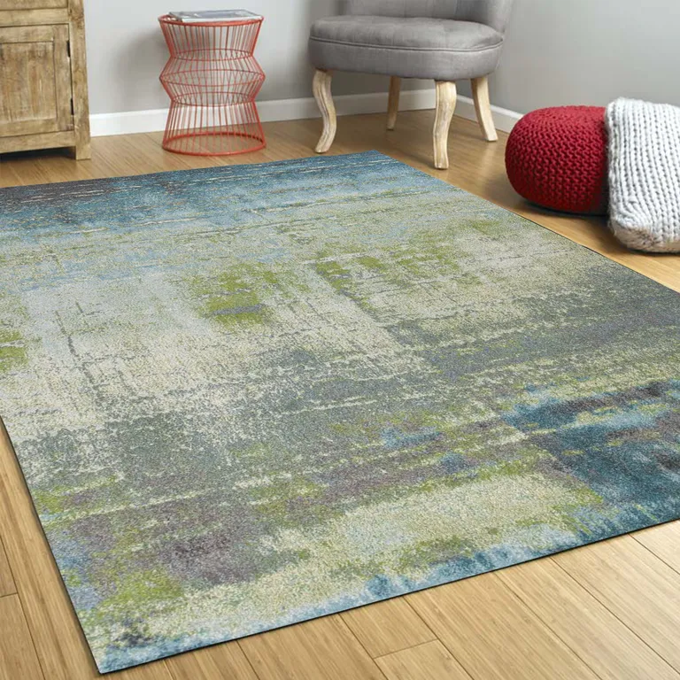 Blue Green Machine Woven Abstract Brushstroke Indoor Area Rug Photo 4