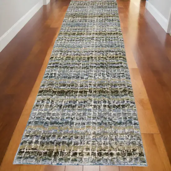 12' Runner Blue Green Teal and Grey Abstract Power Loom Runner Rug Photo 1