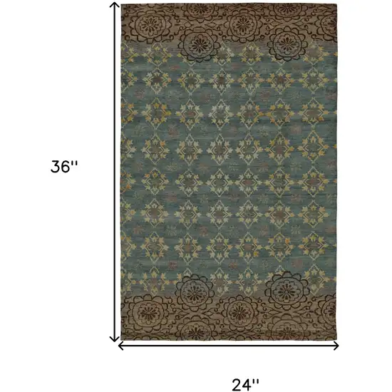 Blue Green and Brown Floral Hand Knotted Area Rug Photo 3