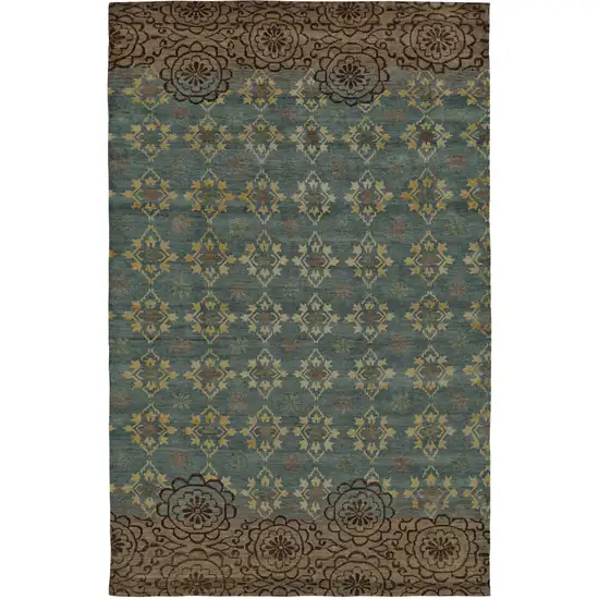 Blue Green and Brown Floral Hand Knotted Area Rug Photo 2