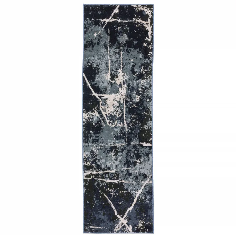 Blue Grey And Beige Abstract Power Loom Stain Resistant Runner Rug Photo 1