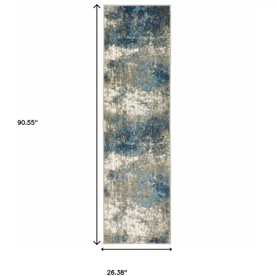 Blue Grey And Beige Abstract Power Loom Stain Resistant Runner Rug Photo 10