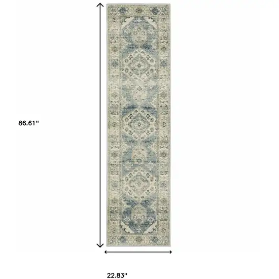 Blue Grey Beige And Teal Oriental Power Loom Stain Resistant Runner Rug Photo 8