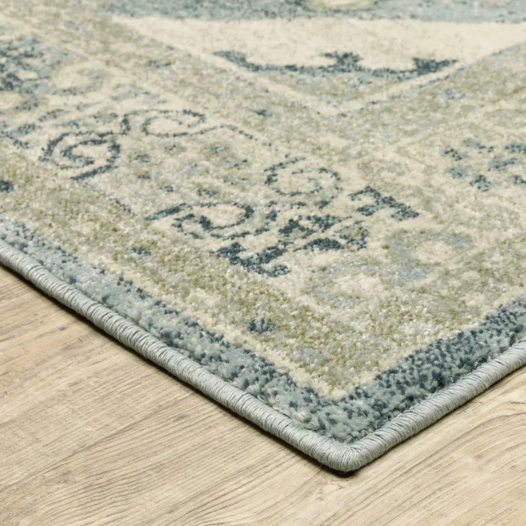 Blue Grey Beige And Teal Oriental Power Loom Stain Resistant Runner Rug Photo 4