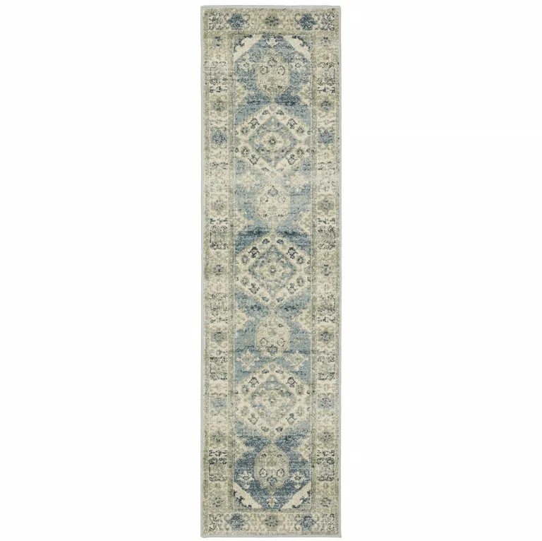 Blue Grey Beige And Teal Oriental Power Loom Stain Resistant Runner Rug Photo 1