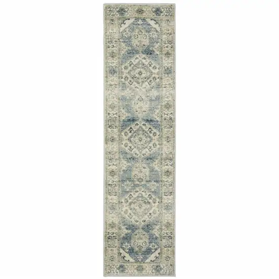 Blue Grey Beige And Teal Oriental Power Loom Stain Resistant Runner Rug Photo 1