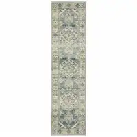 Photo of Blue Grey Beige And Teal Oriental Power Loom Stain Resistant Runner Rug