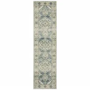 Photo of Blue Grey Beige And Teal Oriental Power Loom Stain Resistant Runner Rug