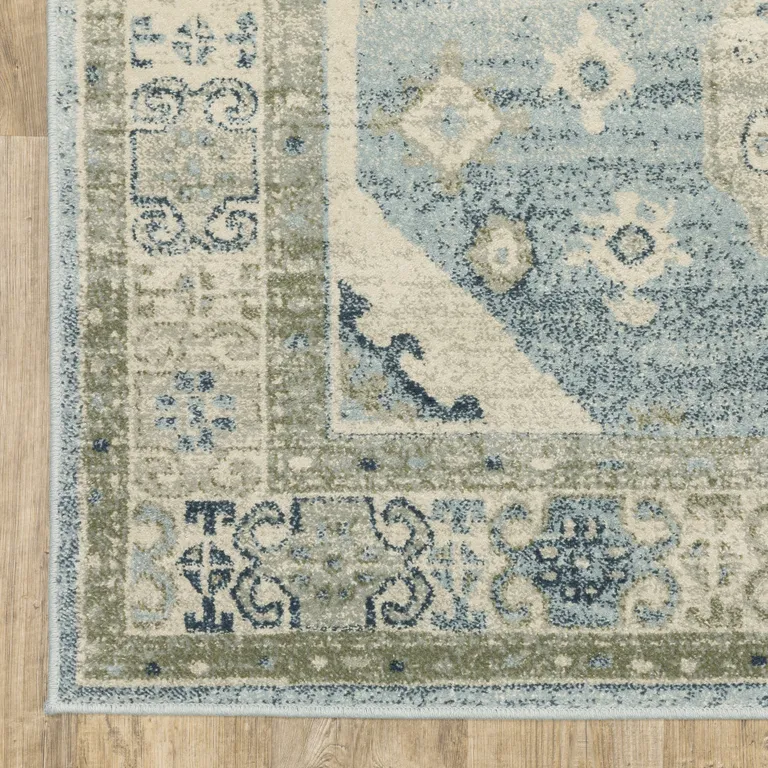 Blue Grey Beige And Teal Oriental Power Loom Stain Resistant Runner Rug Photo 2