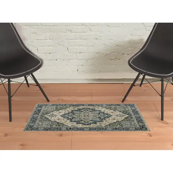 Blue Grey Beige Tan Green And Gold Oriental Power Loom Stain Resistant Area Rug With Fringe Photo 3