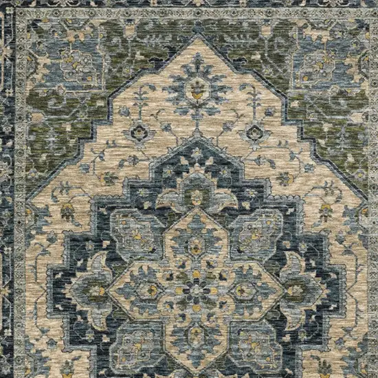 Blue Grey Beige Tan Green And Gold Oriental Power Loom Stain Resistant Area Rug With Fringe Photo 5