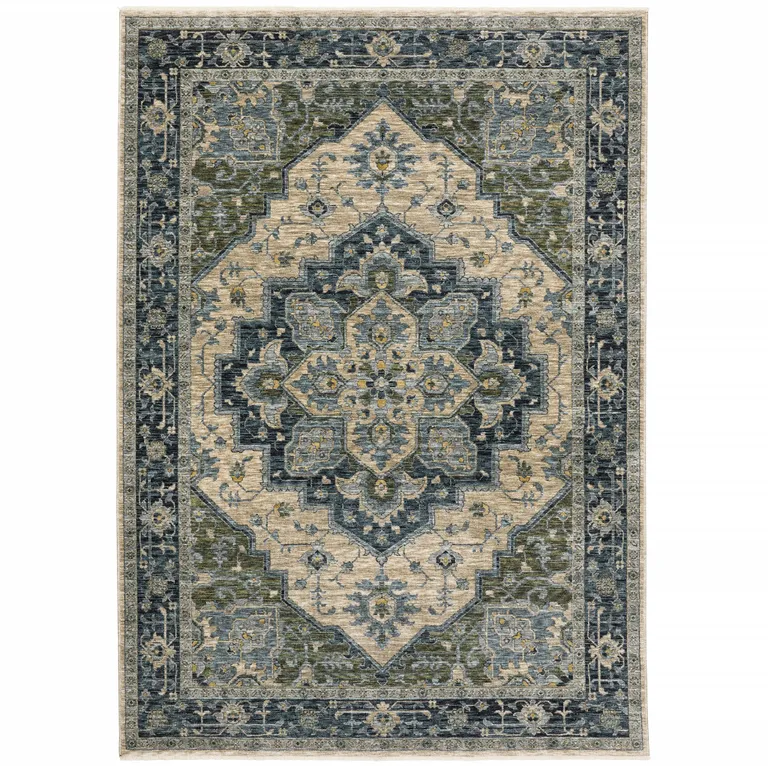 Blue Grey Beige Tan Green And Gold Oriental Power Loom Stain Resistant Area Rug With Fringe Photo 1