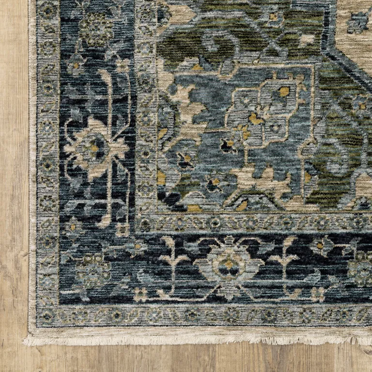 Blue Grey Beige Tan Green And Gold Oriental Power Loom Stain Resistant Area Rug With Fringe Photo 2