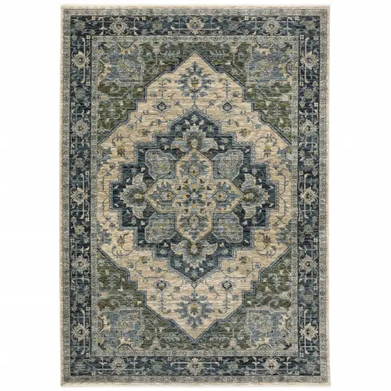 Blue Grey Beige Tan Green And Gold Oriental Power Loom Stain Resistant Area Rug With Fringe Photo 1