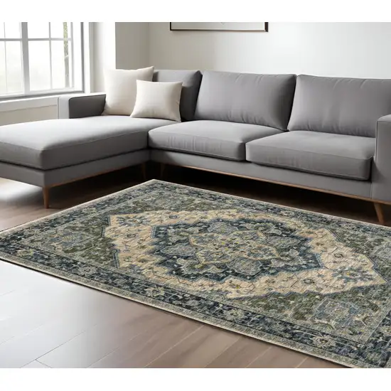 Blue and Beige Oriental Power Loom Area Rug With Fringe Photo 1