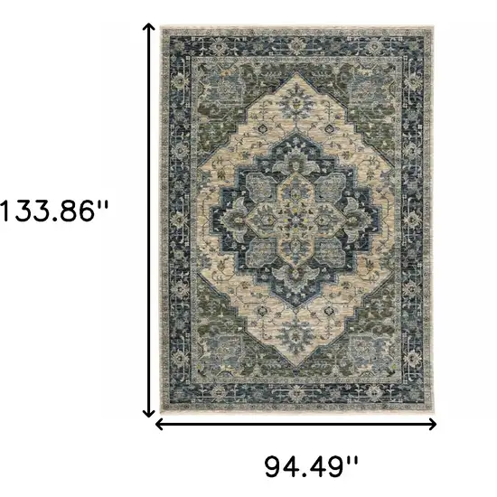 Blue and Beige Oriental Power Loom Area Rug With Fringe Photo 3