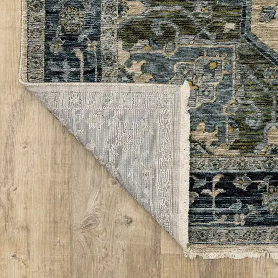 Blue Grey Beige Tan Green And Gold Oriental Power Loom Stain Resistant Area Rug With Fringe Photo 8