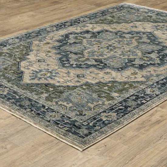 Blue Grey Beige Tan Green And Gold Oriental Power Loom Stain Resistant Area Rug With Fringe Photo 6