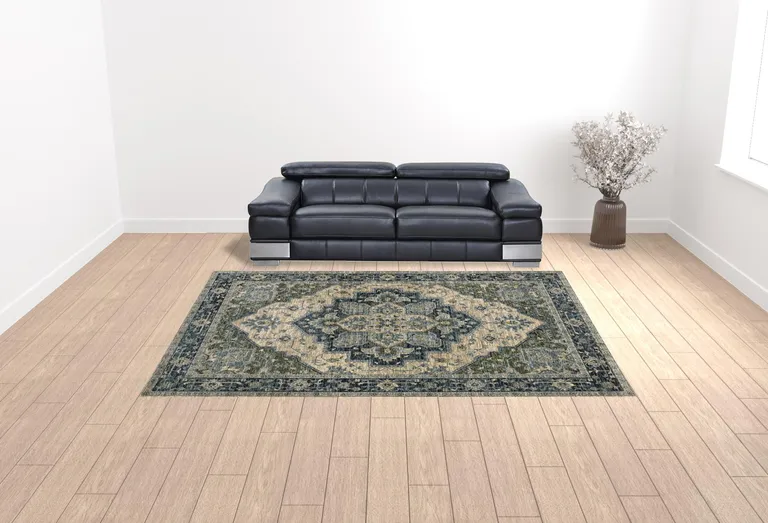 Blue Grey Beige Tan Green And Gold Oriental Power Loom Stain Resistant Area Rug With Fringe Photo 3