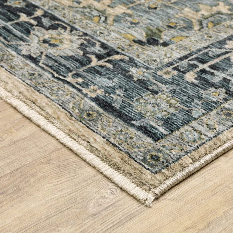 Blue Grey Beige Tan Green And Gold Oriental Power Loom Stain Resistant Area Rug With Fringe Photo 5