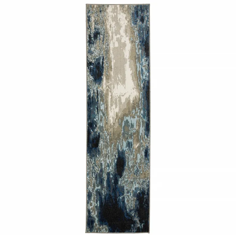 Blue Grey Charcoal And Beige Abstract Power Loom Stain Resistant Runner Rug Photo 1