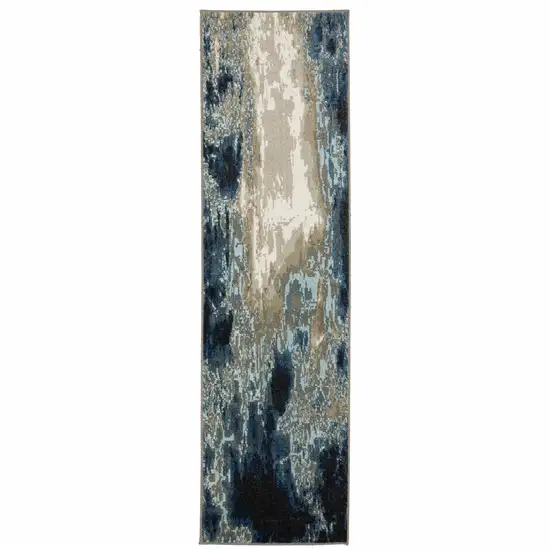 Blue Grey Charcoal And Beige Abstract Power Loom Stain Resistant Runner Rug Photo 1