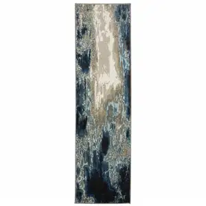 Photo of Blue Grey Charcoal And Beige Abstract Power Loom Stain Resistant Runner Rug