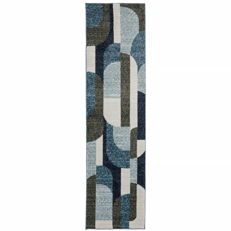 Blue Grey Charcoal And Purple Geometric Power Loom Stain Resistant Runner Rug Photo 1