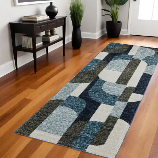 8' Runner Blue and Ivory Geometric Power Loom Runner Rug Photo 1