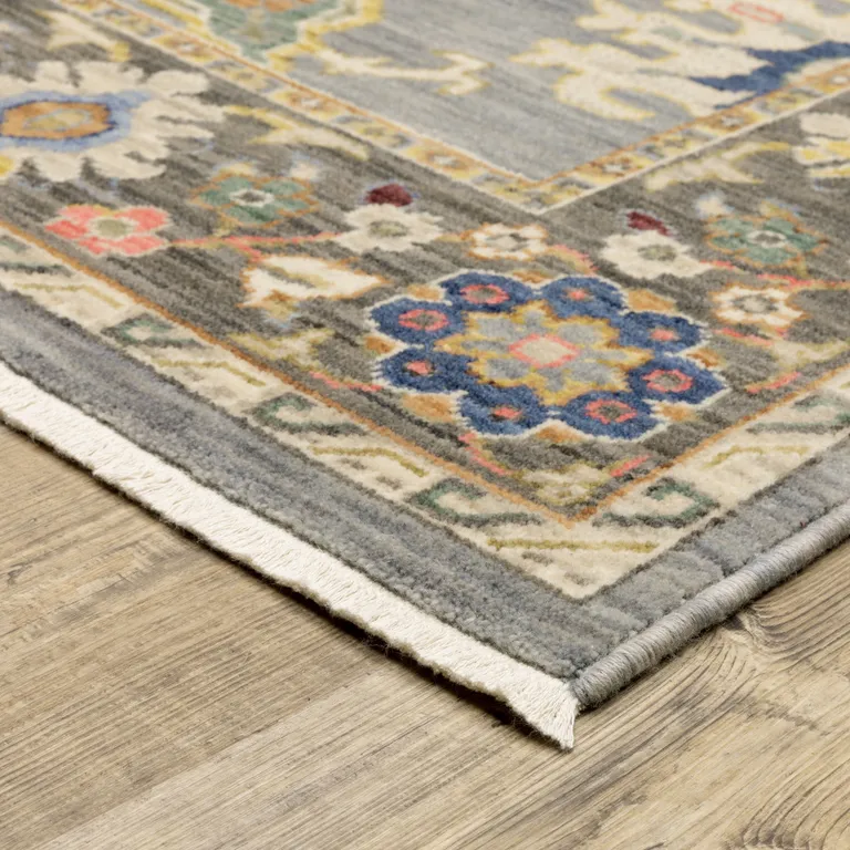 Blue Grey Gold Green Pink Orange Ivory And Red Oriental Power Loom Stain Resistant Area Rug With Fringe Photo 5