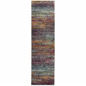 Photo of Blue Grey Gold Purple And Teal Abstract Power Loom Stain Resistant Runner Rug