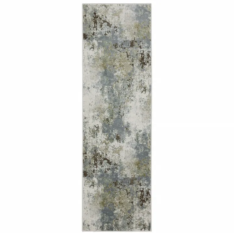 Blue Grey Green And Beige Abstract Power Loom Stain Resistant Runner Rug Photo 1