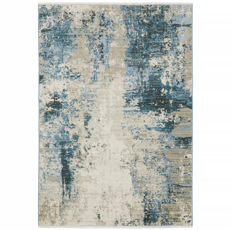 Blue Grey Ivory Light Blue And Dark Blue Abstract Power Loom Stain Resistant Area Rug With Fringe Photo 2