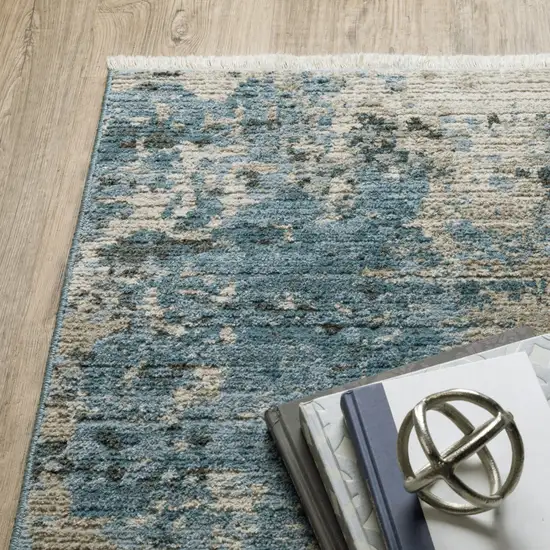 Blue Grey Ivory Light Blue And Dark Blue Abstract Power Loom Stain Resistant Area Rug With Fringe Photo 6