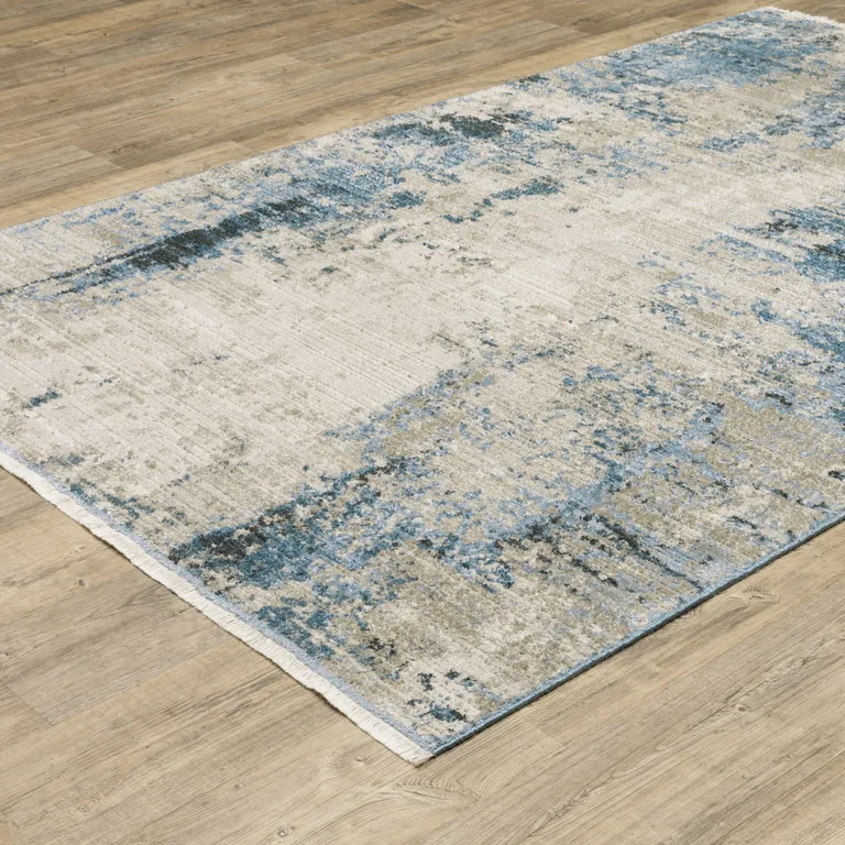 Blue Grey Ivory Light Blue And Dark Blue Abstract Power Loom Stain Resistant Area Rug With Fringe Photo 5