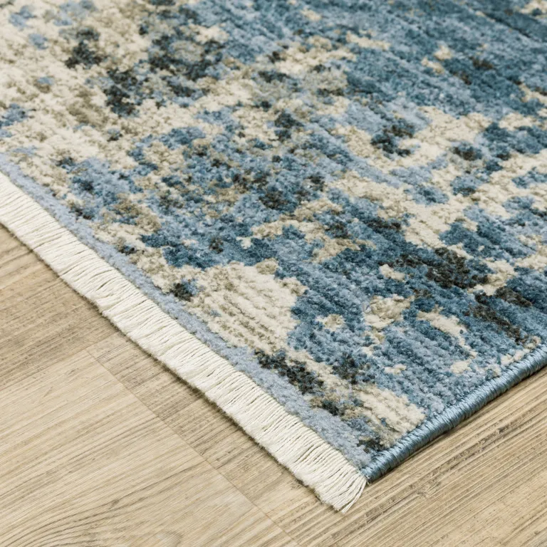 Blue Grey Ivory Light Blue And Dark Blue Abstract Power Loom Stain Resistant Area Rug With Fringe Photo 4