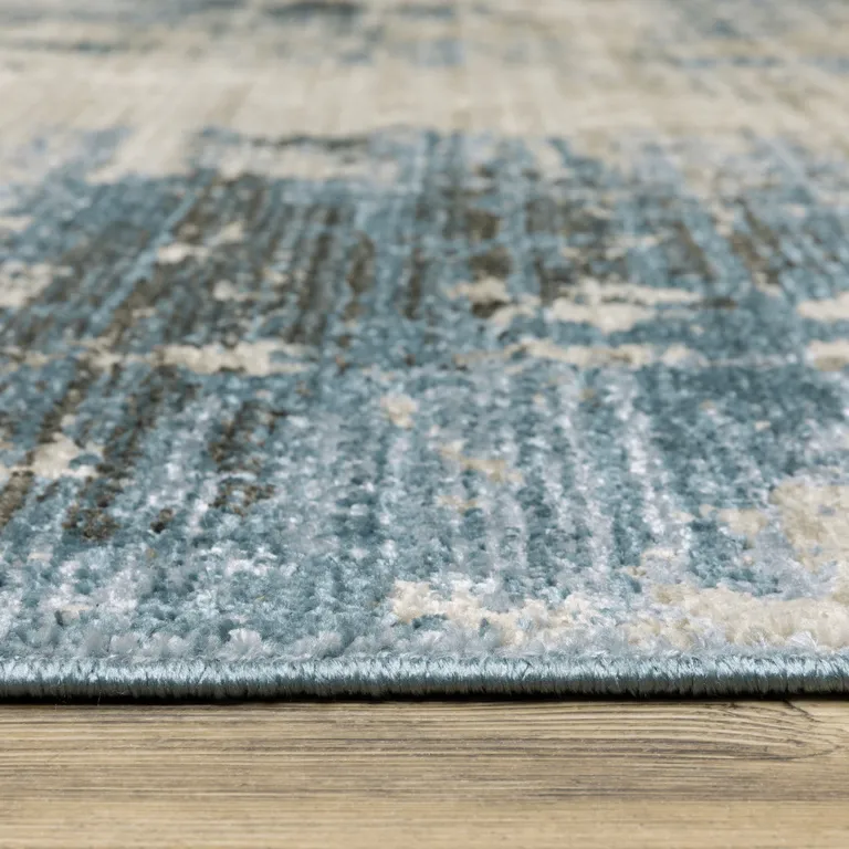 Blue Grey Ivory Light Blue And Dark Blue Abstract Power Loom Stain Resistant Runner Rug With Fringe Photo 5