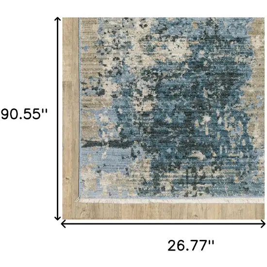 Blue Grey Ivory Light Blue And Dark Blue Abstract Power Loom Stain Resistant Runner Rug With Fringe Photo 9